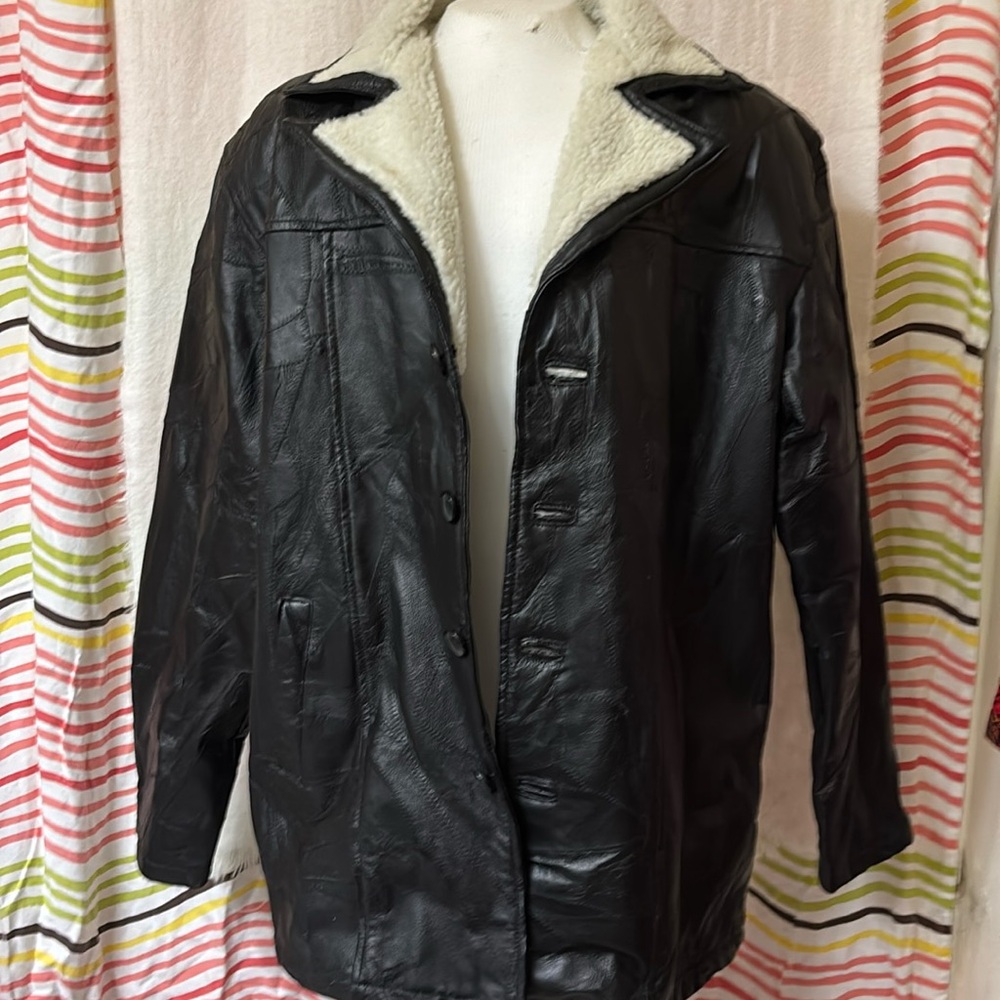 PBX BASICS Black Leather Jacket/Coat Sherpa Lined Collar Stitch Design Button